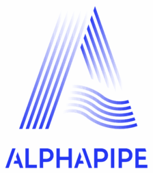 Logo ALPHAPIPE : lettre A stylisée en lignes et vagues bleues dégradées, texte moderne en majuscules.