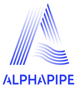 Logo AlphaPipe : identité visuelle moderne et technologique Logo ALPHAPIPE : lettre A stylisée en lignes et vagues bleues dégradées, texte moderne en majuscules.